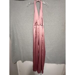 Zara Jumpsuit Womens XS Pink Satin Halter Plunge Backless Wide Leg Party